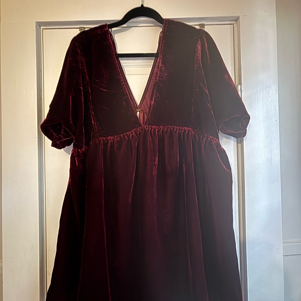 Free People Velvet V-Neck Dress in Rich Burgundy